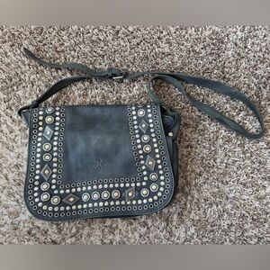 Patricia Nash dark grey leather Positano studded crossbody saddle bag purse